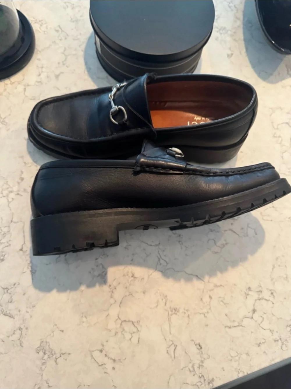 Gucci Women’s Black Leather Horsebit Lug Soled Loafers